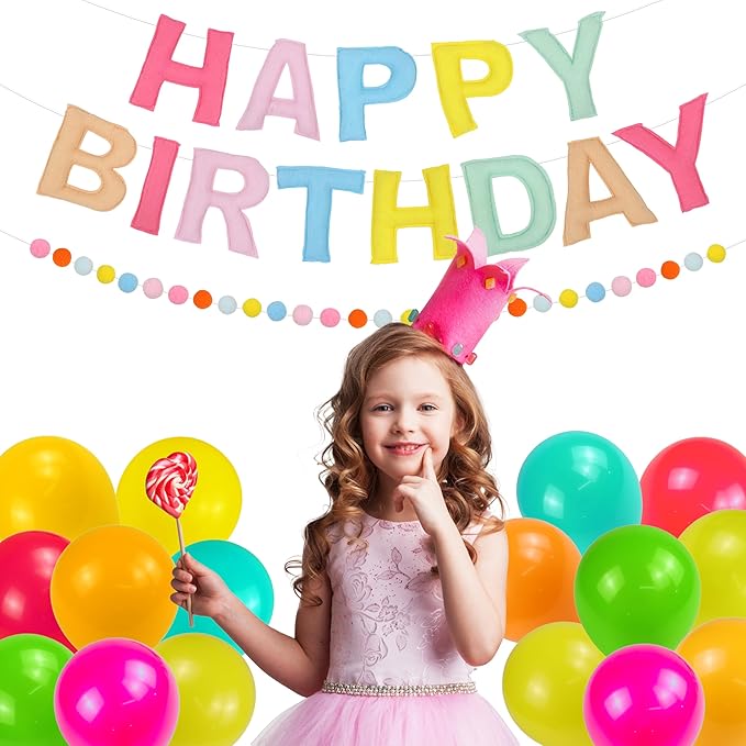 2 PCS Pre-Strung 3D Felt Happy Birthday Banner - Reusable Rainbow Happy Birthday Decorations Sign, Felt Ball Garland, Pom Pom Garland, Party Decor, Photo Prop (MACARON)