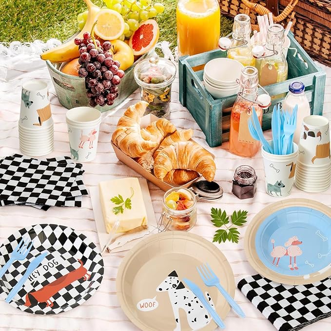 144Pcs Pet Dog Birthday Party Supplies Decorations Puppy Themed Paper Plates Napkins Vintage Puppy Party Tableware Disposable Pet Dinnerware Set for Kids Birthday Baby Shower Table Decor, Serve 24