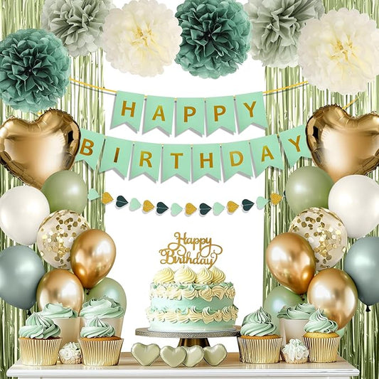 Sage Green Birthday Decorations for Women, Happy Birthday Party Decorations, Happy Birthday Banner, Green Balloons, Foil Fringe Curtains, Tissue Paper Pompoms, Heart Garland, Party Decor for Girls
