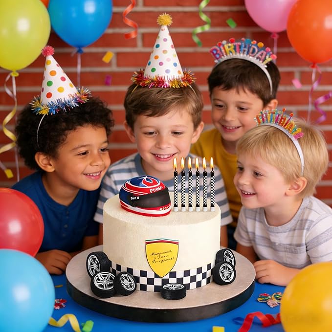 12 Pcs Racing Cars Themed Birthday Candles, Black and White Checkered Birthday Cake Candles, Racing Candle Wheel Tire for Racing Car Party Decoration Theme Party Supplies (General)