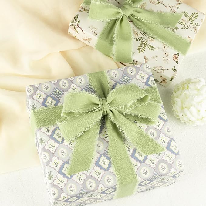Sage Green Cotton Ribbon 1 Inch Sage Green 3 Rolls 21 Yards Frayed Edge Fabric Set for Wedding Invitations, Bridal Bouquet Wrap, Baby Shower Decor, Garden Party & Gift Wrapping