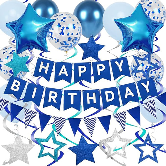 Blue Birthday Decorations, Happy Birthday Banner and Blue Star Balloons, Glitter Hanging Stars with Hanging Swirls, Bunting Banner, for Women Men Boys Party Decoration