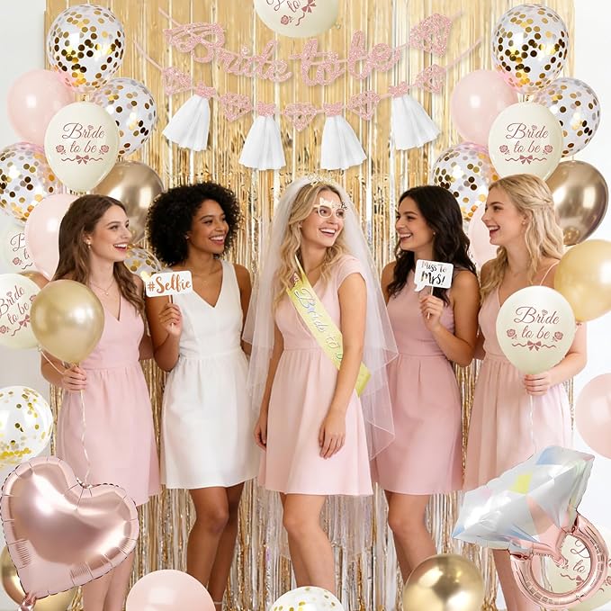 Bachelorette Party Decorations, Bride To Be Decorations, Bridal Shower Decorations with Bride to Be Banner, Bridal Sash, Fringe Curtain, Bride Glasses for Pink Bachelorette Party Decorations