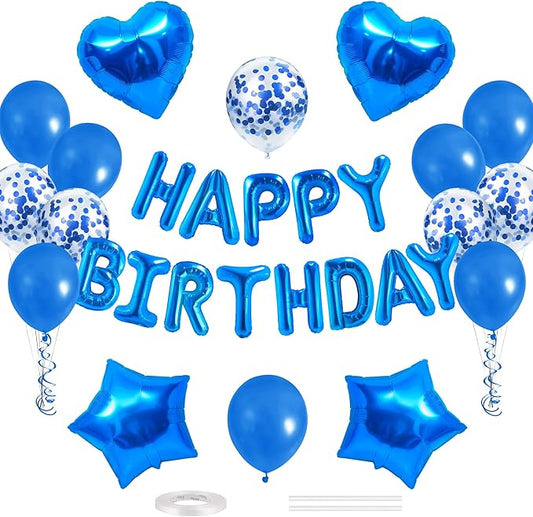 CANREVEL Happy Birthday Balloons Banner 16 Inch Mylar Foil Letters with Star & Heart Balloons Birthday Party Decorations for Men and Women - 30 Pcs Blue