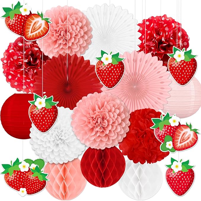 26pcs Strawberry Birthday Party Decorations – Red Pink White Paper Fans, Tissue Pom Poms for Berry Sweet Girl 1st , Baby Shower, Shortcake Theme Supplies