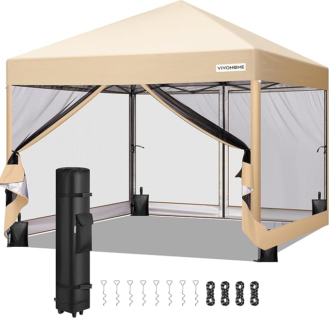 VIVOHOME 8x8ft Easy Pop-Up Canopy, Outdoor Screen Tent with Mosquito Netting, 2 Zipper Doors, and Roller Bag for Yard Camping Picnic Party Events, Beige