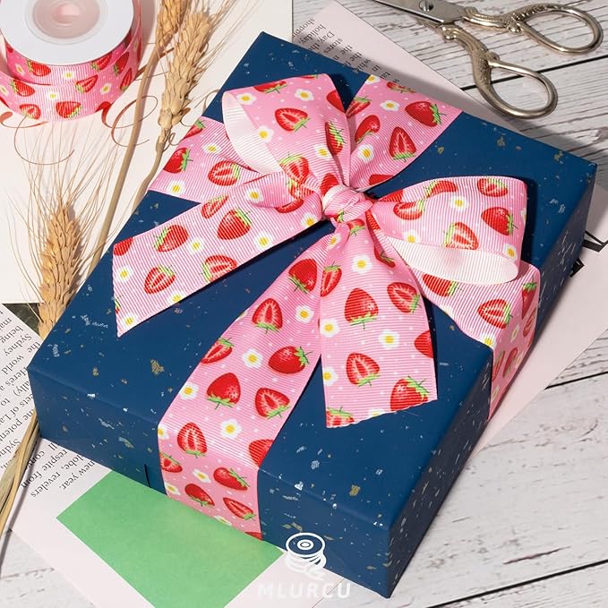 Strawberry Ribbon 3 Rolls Fruit Print Grosgrain Ribbons 5/8", 7/8", 1.5", Strawberry Printed Ribbon for Crafts, Gift Wrapping, Hair Bows, Summer Party, Scrapbooking, Holiday Decor