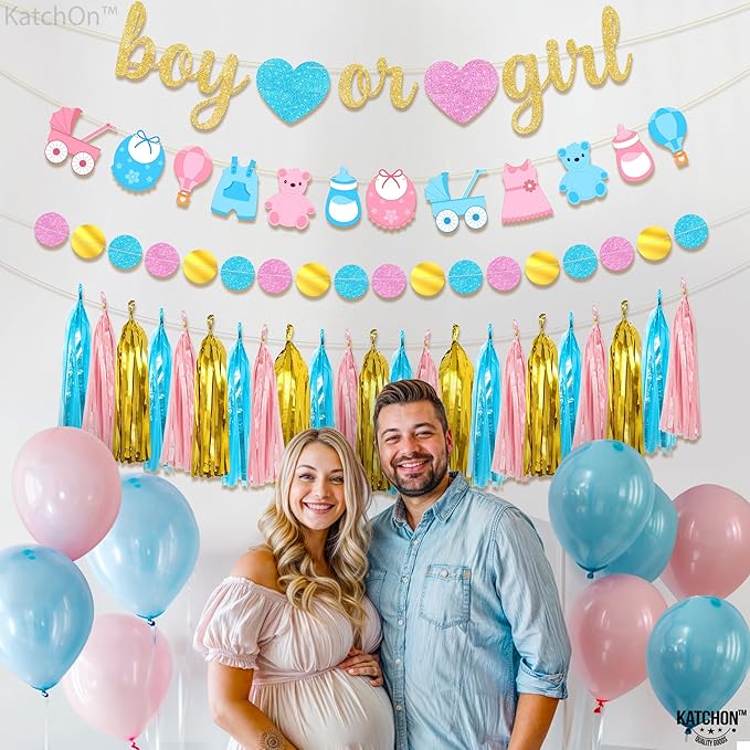 KatchOn, Boy or Girl Banner and Garland Set - 10 Feet, No DIY | Glitter Boy or Girl Gender Reveal Banner, Gender Reveal Decorations | Tassel Garland for Baby Shower Decorations