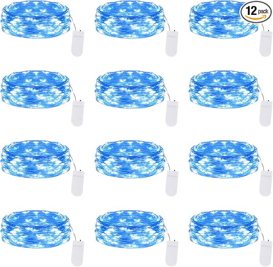 Lakumu 12-Pack Fairy Lights, 7FT 20 LED Battery Operated String Lights, Waterproof Silver Wire Firefly Lights, Blue for Mason Jars DIY Bedroom Wedding Party Centerpiece Table Decor