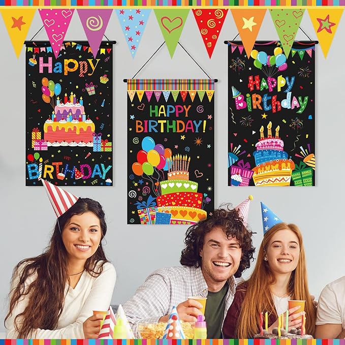 Tegeme 3 Pcs Happy Birthday Banner Decor Colorful Happy Birthday Party Door Hanging Decorations Hanging Black Banner Party Supplies for Kids Girls Boys Porch Wall Door Sign
