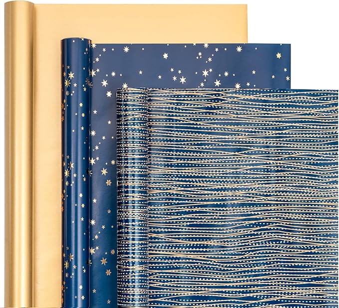 WRAPAHOLIC Wrapping Paper Roll - Mini Roll - 3 Rolls - 17 Inch X 120 Inch Per Roll - Navy and Gold Star/Stripe/Gold Pearlized Print for Birthday, Father's Day, Holiday, Party