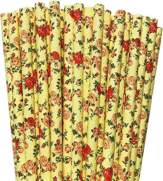 100 pcs Yellow With Red Rose Flower Paper Straws, Wild Floral Juice Beverage Party Drinking Straws, Vintage Retro Garden Tea Wedding Spring Summer Valentine Decor Cake Pop Sticks (Flower H003)