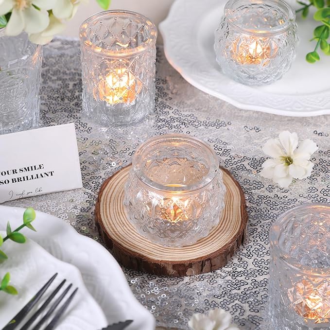 DARJEN Clear Votive Candle Holders Set of 36- Round Glass Candle Holders Bulk for Tea Light Candle, Embossed Candle Votives for Wedding Centerpiece, Various Parties & Home Decor (Pack of 4)