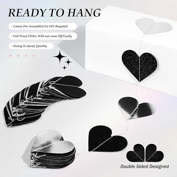 40Ft Black White Silver Heart Valentines Day Garland Hanging Streamer Decor for Bachelorette, Graduation, Black History Month Birthday Party Black Silver Wedding Party Decor