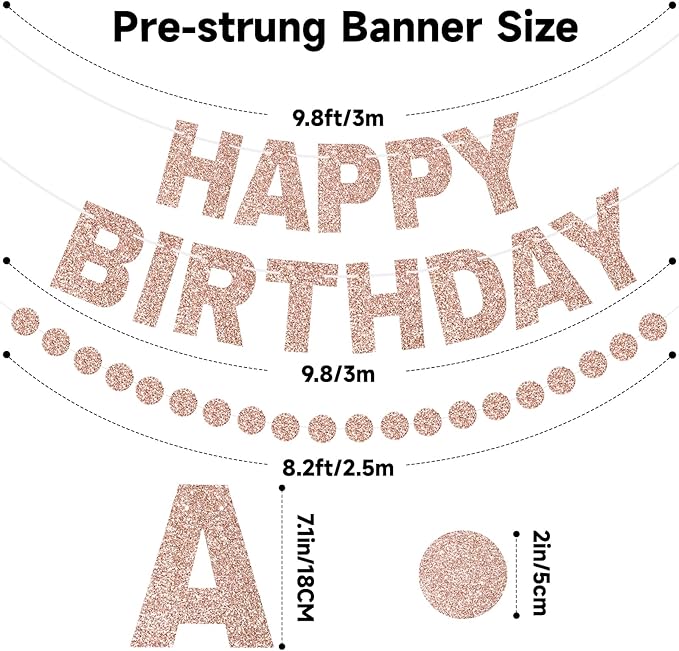 GCQQ Rose Gold Happy Birthday Banner - Glitter Pre-Strung 3M Pre-Strung Letter Garland + 2.5M Rose Gold Dot Garlands Woman Girls Birthday Party Banners Backdrop Decoration Supplies, No DIY
