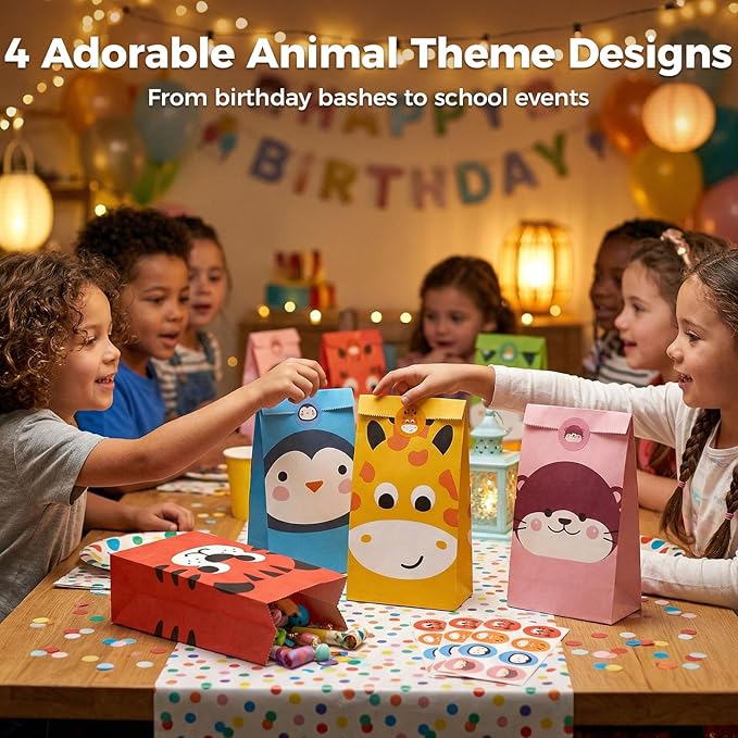 VGOODALL 24 Pack Party Favor Bags with Stickers, 4.7"x 3.1"x 8.7" Animal Paper Treat Bags for Kids Birthdays Classroom Rewards Goodie Gift Supplies