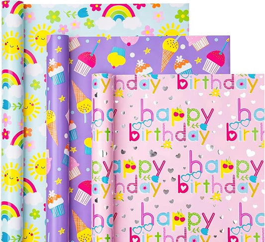 WRAPAHOLIC Girls Birthday Wrapping Paper Roll - 3 Short Rolls - 17 inch x 120 inch Per roll - Fantacy Pink and Purple Wrapping Paper for Kids Girls Birthday, Baby Shower
