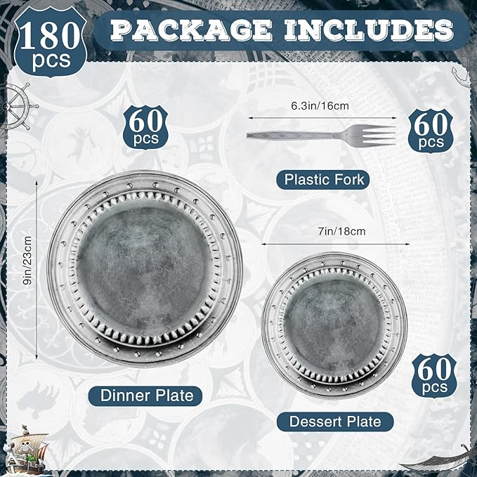 Jingmore 180 Pcs Medieval Party Supplies Disposable Pewter Paper Plates and Forks Tableware Set for Pirate Knight Castle Halloween Decorations Dinner Silver Grey 9" and 7'' Serves 60（Classic Style）