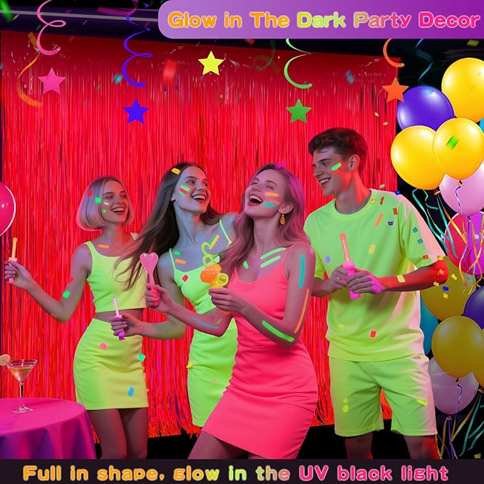 Glow in The Dark Party Supplies 2 Pack Neon Party Decorations Fluorescent Tinsel Foil Fringe Curtains Photo Booth Prop Backdrop Streamer Blacklight Decorations (Neon Red)