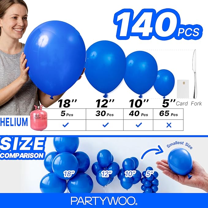 PartyWoo Royal Blue Balloons 140pcs Different Sizes Pack of 18 12 10 5 Inch Dark Blue Balloon Arch Kit for Baby Shower Gender Reveal Graduation Under The Sea Birthday Party Decorations Blue-Y5