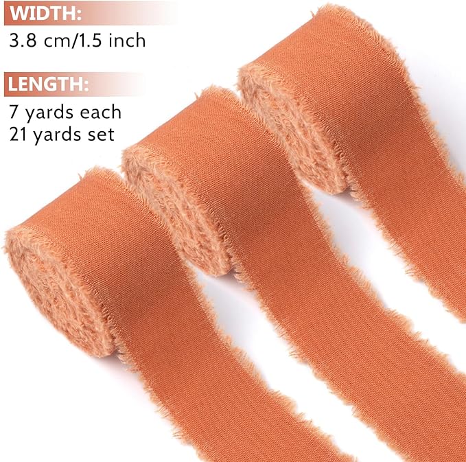 Terracotta Cotton Linen Ribbon 1.5" x 21Yds Burnt Orange Boho Vintage Rustic Ribbon Handmade Fringe Frayed Cloth Fabric Ribbon for Gift Wrapping Wedding Invitations Bridal Bouquets DIY Crafts