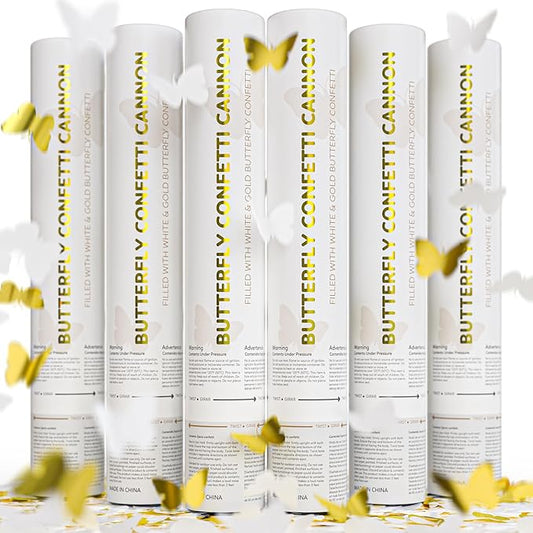 White and Gold Butterfly Confetti Cannon | 6 Pack | Party Poppers Decoration for Wedding, Graduation, Birthday | Wedding Supplies Party Favors | 12 inch | TUR Party Supplies