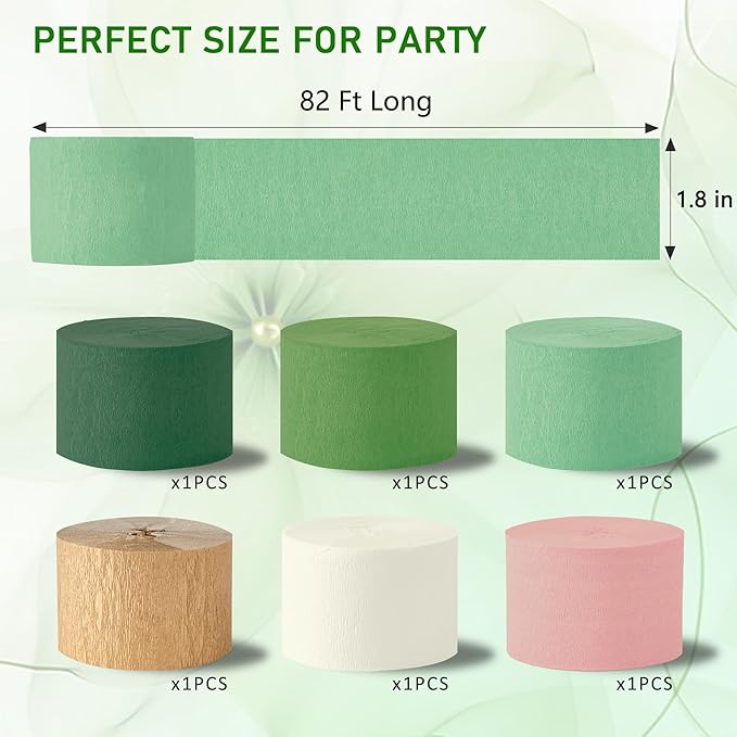 Streamers Party Decorations, 6 Rolls Sage Green Gold Pink Crepe Paper Streamers for Birthday Bachelorette Engagement Baby Shower Wedding Bridal Shower Woodland Jungle Shrek Safari Party Supplies