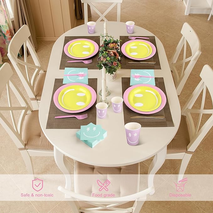 Kochorie 144 Pcs Preppy Smile Party Tableware Supplies, Disposable Paper Plates Napkins Cups Forks Set, Serves 24 Guests for Smile Face Theme Baby Shower Birthday Party Decorations