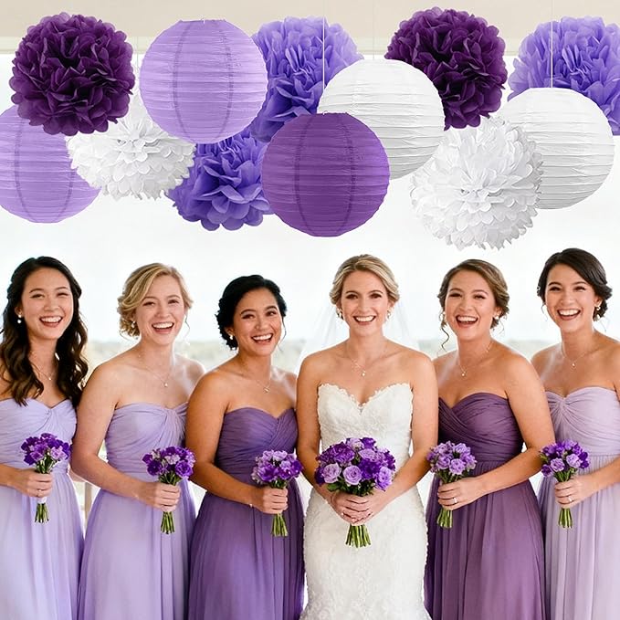 BEISHIDA Purple White Tissue Hanging Paper Flowers Lanterns Party Decorations Set for Birthday Graduation Baby Shower Bridal Bachelorette Wedding Photo Booth Backdrops Party Supplies(18 Packs)