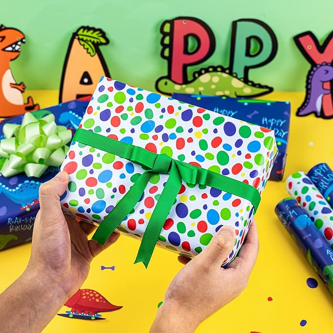 WRAPAHOLIC Dinosaur Wrapping Paper Roll - Mini Roll - 3 Rolls - 17 Inch X 120 Inch Per Roll - Happy Birthday Dinosaurs Design for Kids Birthday, Baby Shower