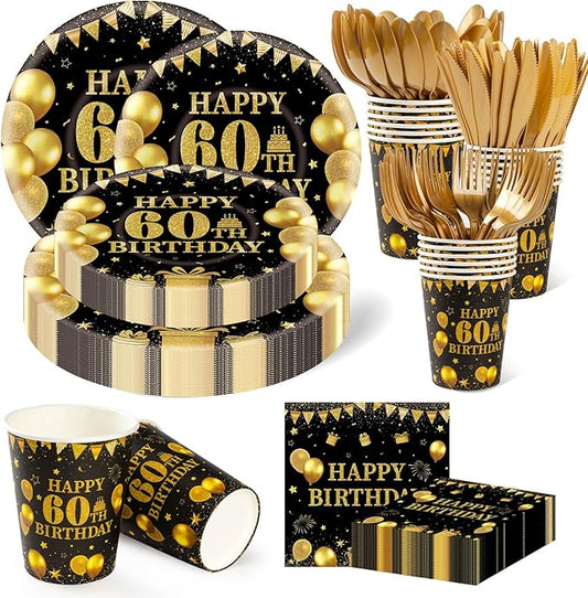 350PCS 60th Birthday Party Decorations for 50 Guests Black and Gold Party Supplies Include Disposable Paper Plates, Napkins, Cups, and Tableware