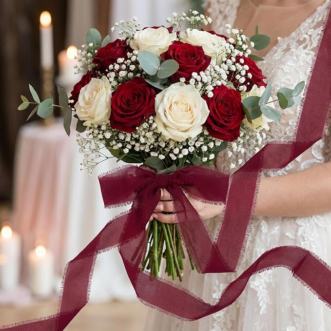 Handmade Chiffon Ribbon 1.5 Inch Wide, 3 Rolls 21 Yards, Burgundy Frayed Edge Fabric Ribbon for Formal Wedding Decor, Floral Accents & Elegant Gift Wrapping(Burgundy)