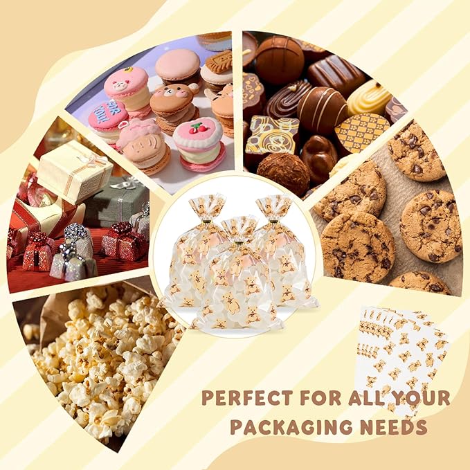 Docvania Clear Bear Cellophane Treat Bags Plastic Gift Bag 100 pcs 5 X 7 Clear Bear Cookie Bags with Ties Goodie Candy Bag Suitable for Mother's Day, Valentine's Day, and Holiday Parties