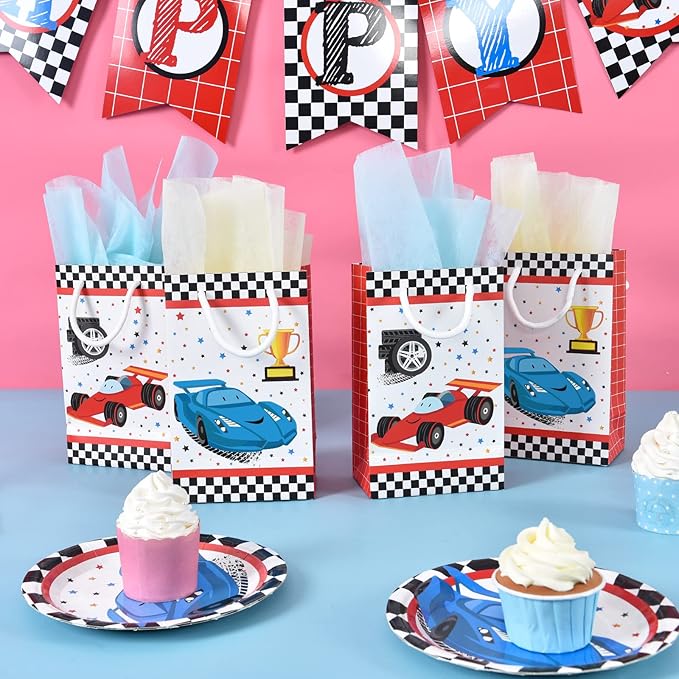 WERNNSAI Party Gift Bags - 16PCS Racing Car Birthday Party Supplies Goodie Candy Gifts Bags Party Treats Racing Car Storage Paper Bag with Handles for Boys Birthday Baby Shower Red