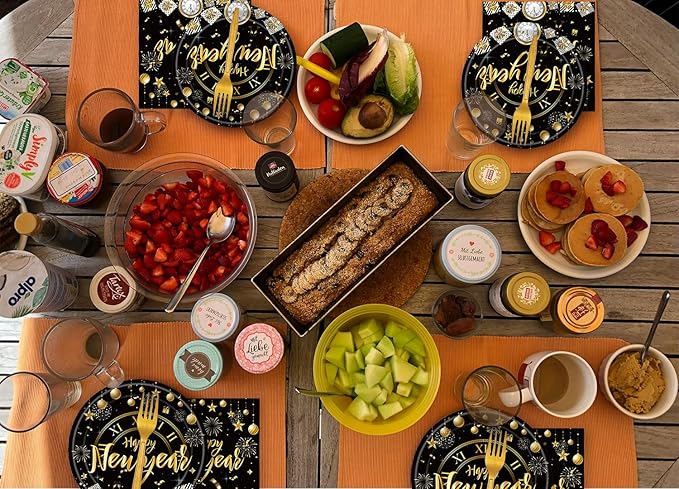 72Pcs Happy New Year Paper Plates and Napkins Black & Gold Party Plates 2026 New Year Party Supplies Tableware Set for New Year's Eve Holiday Decorations
