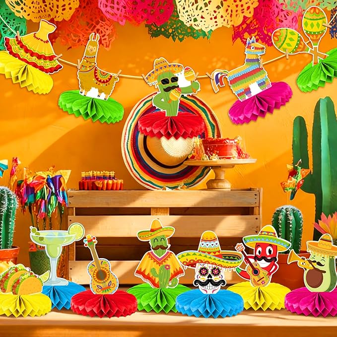 Cinco De Mayo Decoration - 12 Pack Mexican Birthday Centerpiece Honeycomb Garlands, Vibrant Taco Themed Party Supplies for Cinco de Mayo, Fiesta Party Decorations Mexican Party Decor, Taco Party Decorations