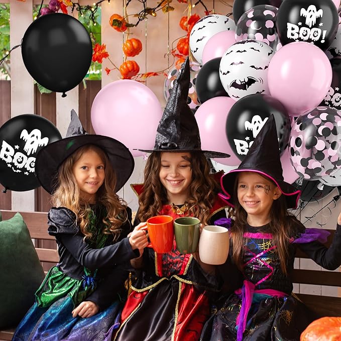 FunHot Halloween Party Balloons, 60Pcs Pink Black Halloween Balloon, 12 Inch Black Pink Confetti Balloons Bat Ghost BOO Printed Pattern Balloon with Ribbons for Kids Birthday Halloweens Decoration