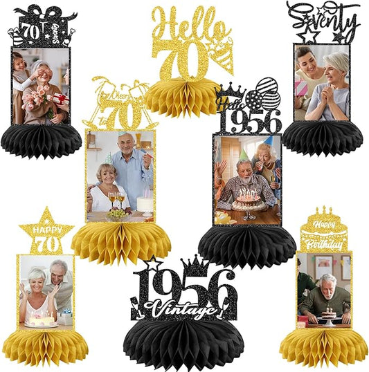 8Pcs 70th Birthday Decoration for Men Women Happy 70th Birthday Honeycomb Centerpieces 70th Birthday Table Decorations Black and Gold Cheers to 70 Years Decor Birthday Party Favors