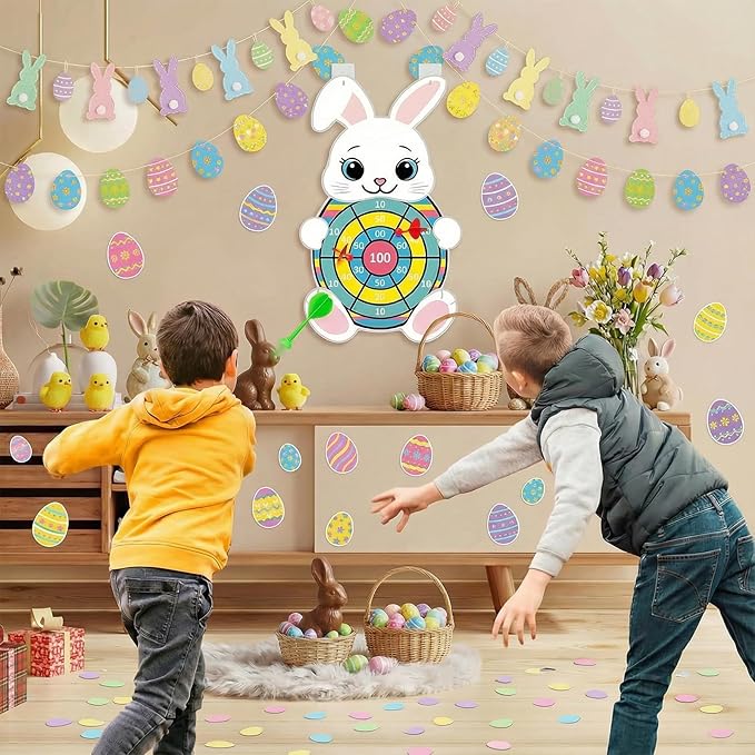 Easter Games 32" Large Bunny Dart Board - Easter Basket Stuffers Bunny Design with 12 Sticky Balls & 8 Darts, Indoor Outdoor Yard Holiday Party Games for Family, Non-Candy Gifts & Egg Fillers