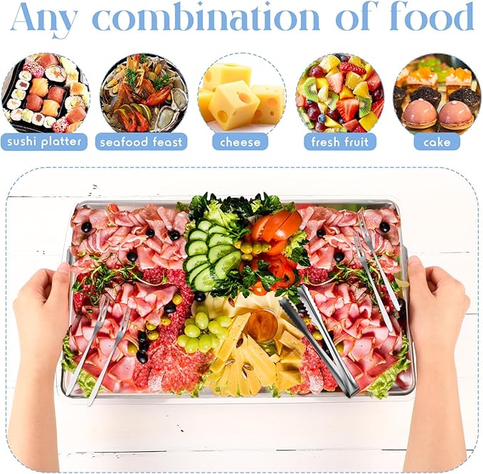 Baderke 4 Set 16 x 9.45 Chilled Serving Tray for Parties with Compartments Ice Chilled Party Platter Charcuterie Serving Board with Forks Tongs for Fruit Seafood Vegetable Appetizer (Silver)
