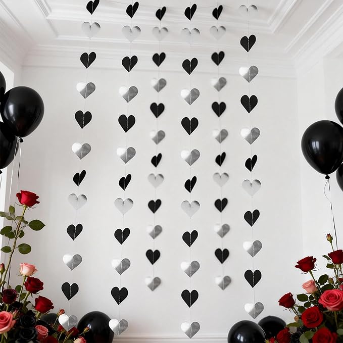 40Ft Black White Silver Heart Valentines Day Garland Hanging Streamer Decor for Bachelorette, Graduation, Black History Month Birthday Party Black Silver Wedding Party Decor