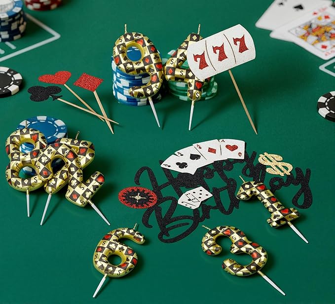 Casino Birthday Number Candles for Cake, Poker Birthday Candles for Casino Themed Birthday Party Decoration, Glitter Casino Birthday Cake Topper for Casino Night Theme Birthday Cake(Number 35 & 53)
