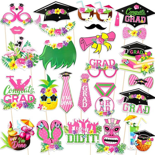 Konsait Hawaiian Graduation Photo Booth Props, 25 Pack 2026 Graduations Photo Props, Luau Aloha Grad Party Decorations Selfie Props Party Favors