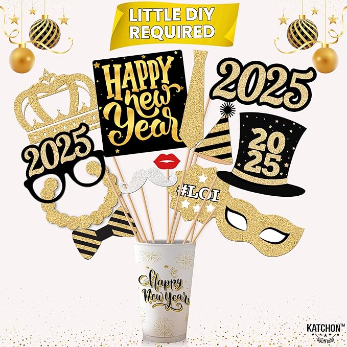KatchOn New Years Eve Photo Booth Props 2025 - Pack of 33, Glitter NYE Party Supplies | Happy New Year Decorations
