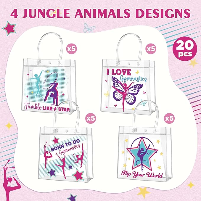 Aliceset 20 Pcs Gymnastics Clear Favor Bags With Handles Gymnastics Birthday Party Decorations Gymnast Gifts Bags for Team Coach Goodie Snack Candy, 8x8x3.15 inches