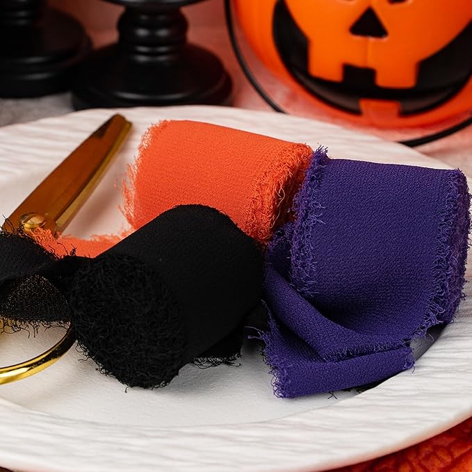 Halloween Ribbon, Black Orange Purple Silk Chiffon Ribbon, 1-1/2''x21Yd Handmade Frayed Fringe Ribbon for Wrapping, Halloween Party Supply, Floral Vase Decor, Birthday, 3 Rolls