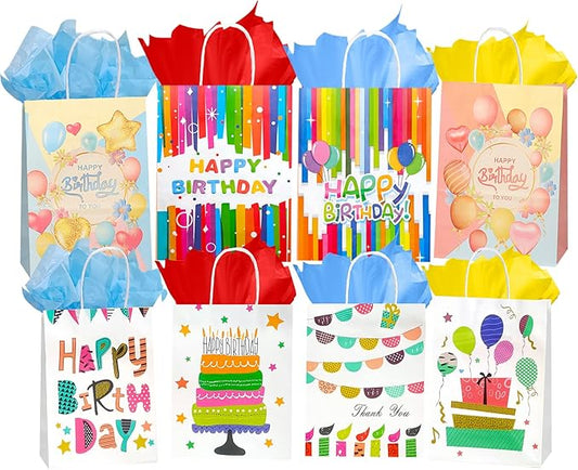 Colodeol 16 PCS Birthday Gift Bags with Handle and Tissues, Gift Bags Assorted Sizes, Medium, Small Size Gift Bag for Kids, Boys, Girls, Women and Men’ Birthdays Party