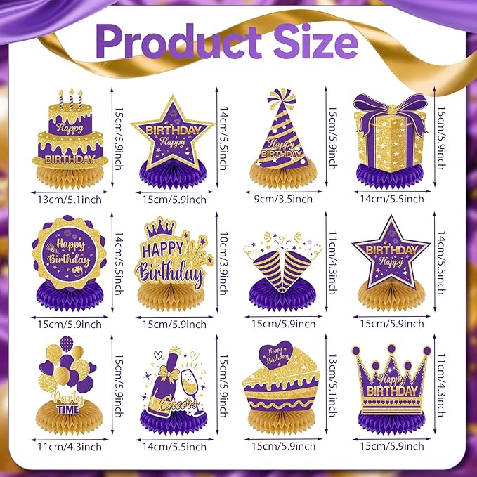 12Pcs Purple Gold Birthday Decorations Honeycomb Centerpieces for Women Girls, Purple Gold Happy Birthday Table Centerpieces for 30th 40th 50th 60th Birthday Table Topper Sign Decor Party Supplies