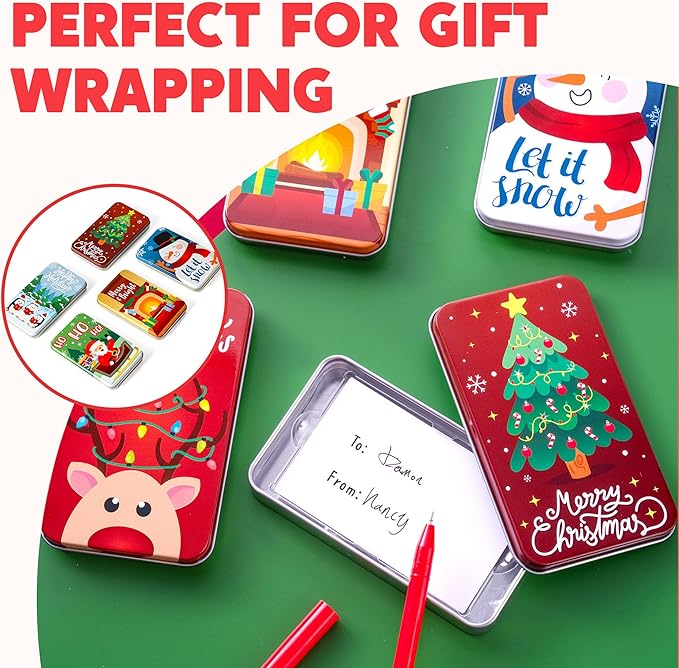 JOYIN 6PCS Gift Card Holder Boxes Christmas, 4.33” x 2.6” x 0.6” Tins Money Cash Holders Unique for Xmas Holiday Birthday Present Decor, Party Favors Silver Coin Boxes with Lids in 6 Designs