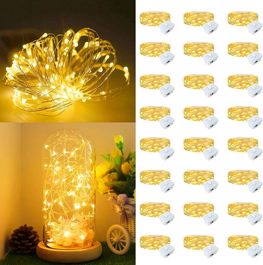 24Pack Fairy Lights Battery Operated, 7ft 20 LED 3 Modes Speed Twinkle Mini String Lights Waterproof Silver Wire Firefly Starry Lights for Mason Jars Wedding Party Christmas Decorations